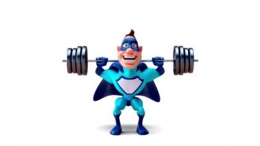 Komik çizgi film karakteri süper kahraman ağırlıklarla çömeliyor - 3 boyutlu animasyon 
