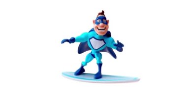 Komik çizgi film karakteri süper kahraman sörfü - 3 boyutlu animasyon 