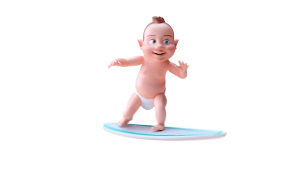 Animering Tecknad Karaktär Baby Surfing — Stockvideo