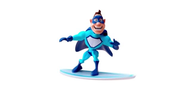 Funny Cartoon Character Superhero Surfing Animation — Stock Video
