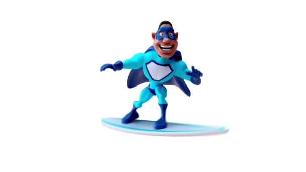 Funny Cartoon Character Superhero Surfing Animation — Stock Video
