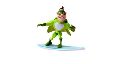 Komik çizgi film karakteri süper kahraman sörfü - 3 boyutlu animasyon 