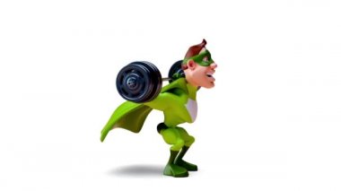 Komik çizgi film karakteri süper kahraman çömelme yapıyor - 3 boyutlu animasyon 