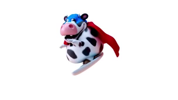 Смешной Мультфильм Супергероя Коровы Серфинг Анимация — стоковое видео