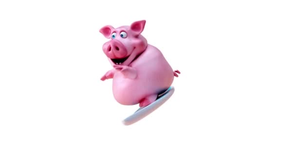 Zabawna Postać Kreskówki Surfing Świnia Animacja — Wideo stockowe