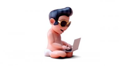 Dizüstü bilgisayarlı bir çizgi film bebeğinin 3 boyutlu eğlenceli animasyonu 
