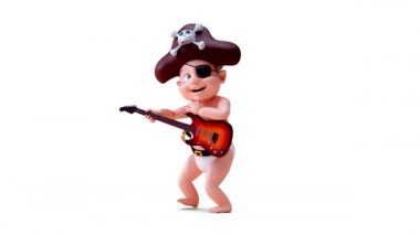 Gitarlı bir karikatür karakteri bebek korsanının 3 boyutlu animasyonu 