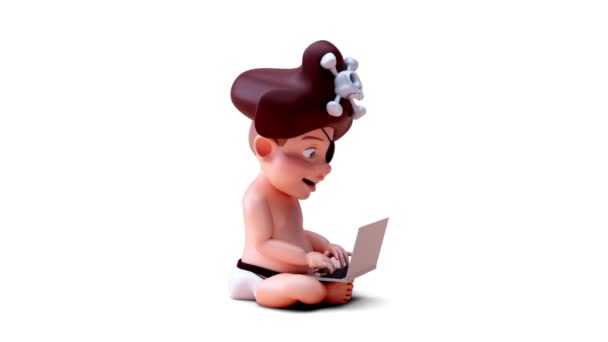 Animacja Postaci Kreskówek Pirat Dziecko Laptopem — Wideo stockowe