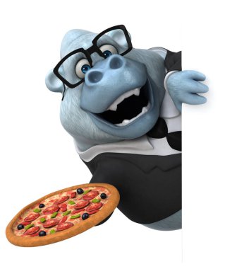 Pizza ile eğlenceli beyaz maymun - 3D Görüntü