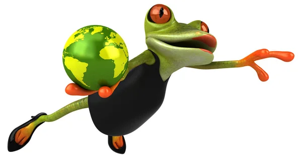 地球との楽しいカエル 3Dイラスト — ストック写真