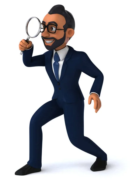 Fun Cartoon Illustration Indian Businessman Magnifying Glass — Photo