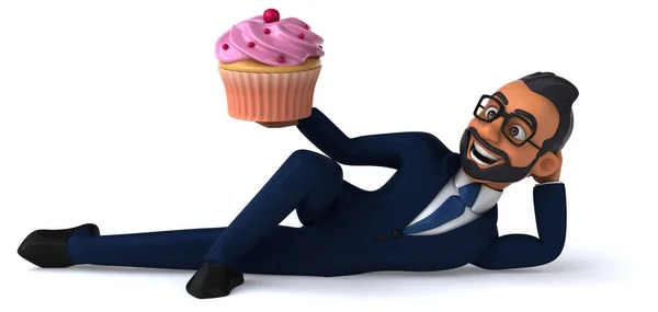 Diversión Ilustración Dibujos Animados Empresario Indio Con Cupcake — Foto de Stock