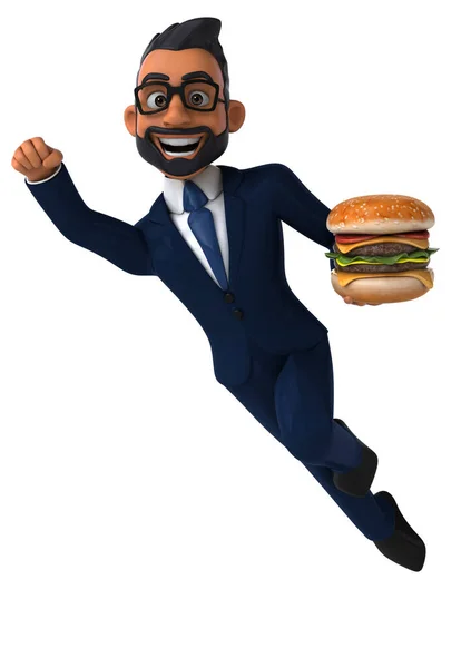Amusant Dessin Animé Illustration Homme Affaires Indien Avec Hamburger — Photo