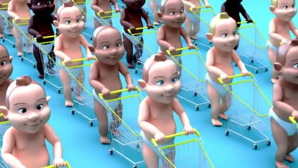 Fun Animation Cartoon Babies Walking Shopping Carts — Stock video