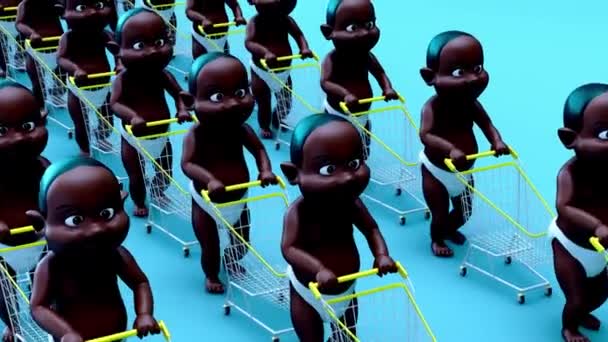 Fun Animation African Cartoon Babies Walking Shopping Carts — Stock video