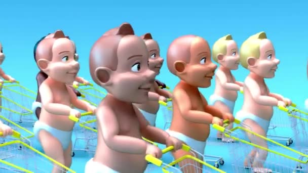 Fun Animation Cartoon Babies Walking Shopping Carts — Stock Video