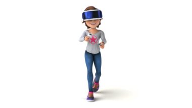 VR gözlüklü çizgi film karakteri bir kızın 3 boyutlu eğlenceli animasyonu.