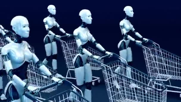 Robots Mujer Con Carritos Compras Concepto — Vídeo de stock