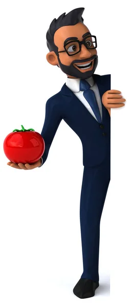Zabawa Kreskówka Ilustracja Indyjskiego Biznesmena Pomidorem — Zdjęcie stockowe