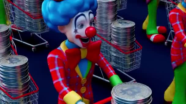 Смешные Мультяшные Персонажи Клоуны Тележками Биткойнами Анимация — стоковое видео