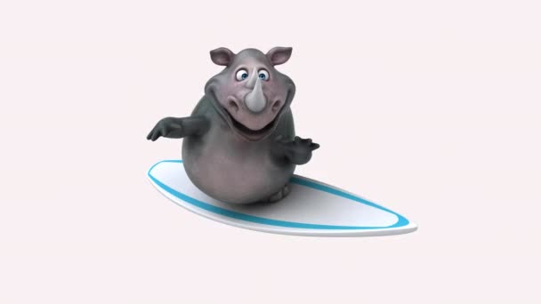Fun Rhinoceros Cartoon Character Surfing — Stock Video