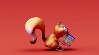 Komik sincap çizgi film karakteri kitaplarla zıplıyor - animasyon 