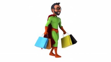 Alışveriş torbaları beyaz tenli eğlenceli Hintli süper kahraman.