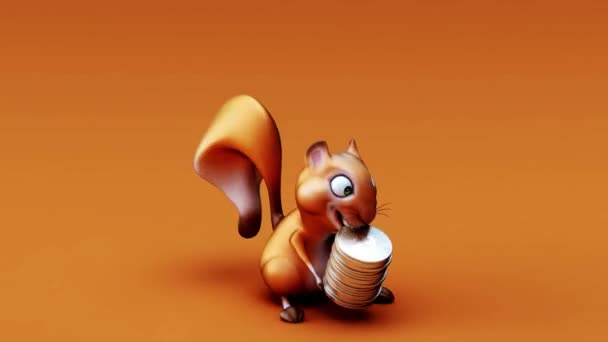 Fun Squirrel Cartoon Character Bitcoins Animation — Stock Video
