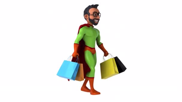 Fun Indian Man Superhero Mit Shopping Bags Isoliert Auf Weiß — Stockvideo