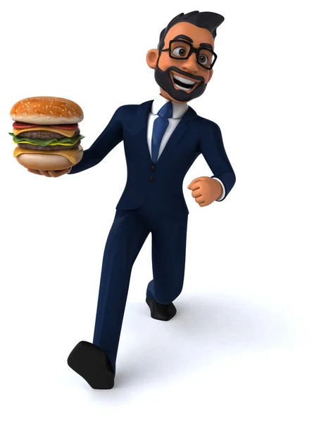 Fun Kreslené Ilustrace Indického Podnikatele Hamburgerem — Stock fotografie