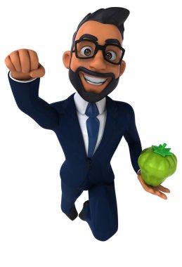 Hintli bir iş adamının biberli 3 boyutlu eğlenceli çizimi.