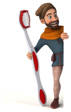Komik 3D karikatür Orta Çağ adamı diş fırçasıyla 
