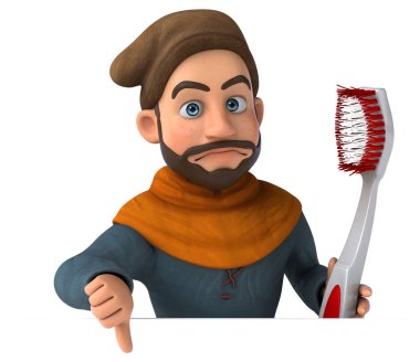 Komik 3D karikatür Orta Çağ adamı diş fırçasıyla 