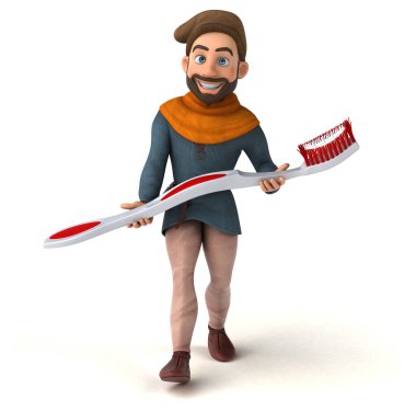 Komik 3D karikatür Orta Çağ adamı diş fırçasıyla 