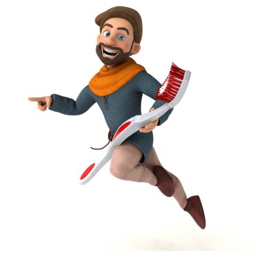 Komik 3D karikatür Orta Çağ adamı diş fırçasıyla 