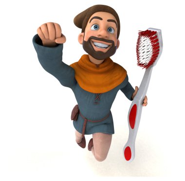 Komik 3D karikatür Orta Çağ adamı diş fırçasıyla 