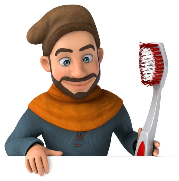 Komik 3D karikatür Orta Çağ adamı diş fırçasıyla 