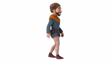Eğlenceli 3D karikatür Orta Çağ adamı yürüyor. 