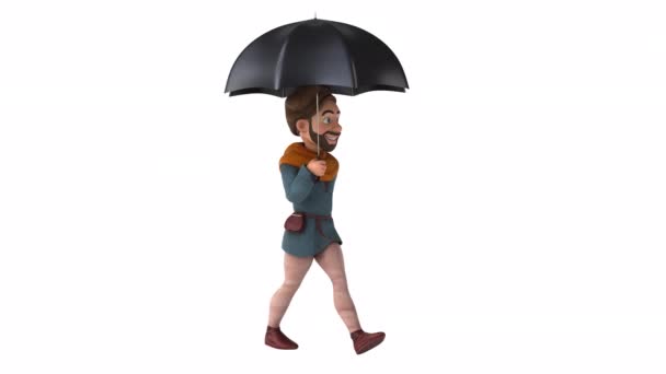 Rolig Tecknad Medeltida Man Med Paraply — Stockvideo