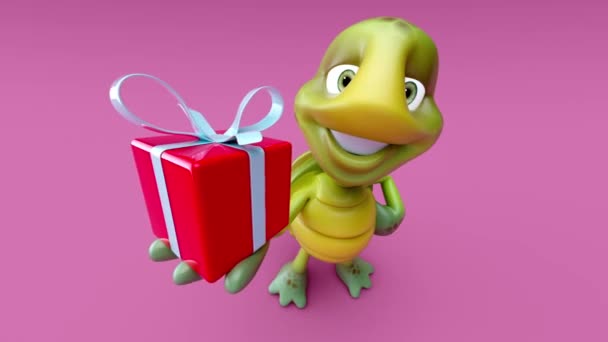 Весела Черепаха Мультяшний Персонаж Подарунком — стокове відео