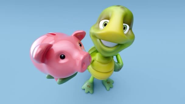 Fun Turtle Cartoon Character Piggy Bank — Stock Video
