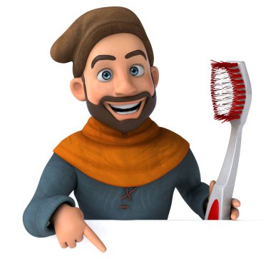Komik 3D karikatür Orta Çağ adamı diş fırçasıyla