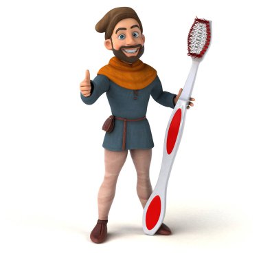 Komik 3D karikatür Orta Çağ adamı diş fırçasıyla