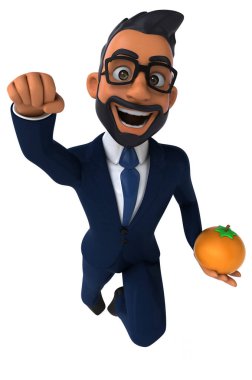 Üç boyutlu eğlenceli karikatür çizimi. Hintli bir işadamının turuncu çizimi.