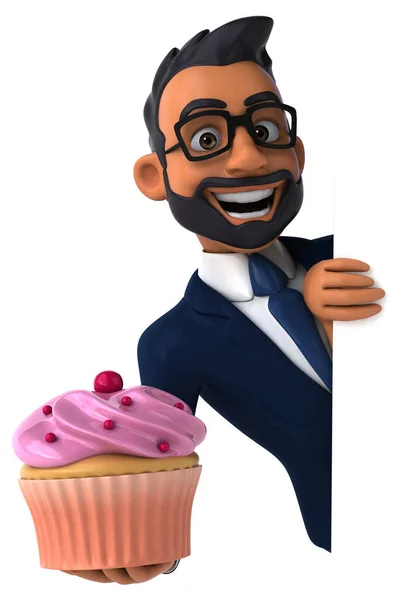 Diversión Ilustración Dibujos Animados Empresario Indio Con Cupcake — Foto de Stock