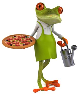 Pizza ile Eğlenceli kurbağa bahçıvan - 3d İllüstrasyon