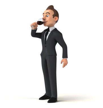 Fun 3D cartoon  character illustration of a business man with a glass of wine