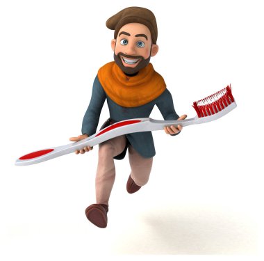 Komik 3D karikatür Orta Çağ adamı diş fırçasıyla