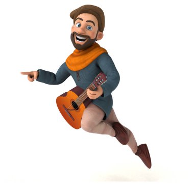 Eğlenceli 3D karikatür ortaçağ adamı müzik çalıyor. 