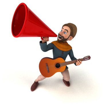 Eğlenceli 3D karikatür ortaçağ adamı müzik çalıyor. 